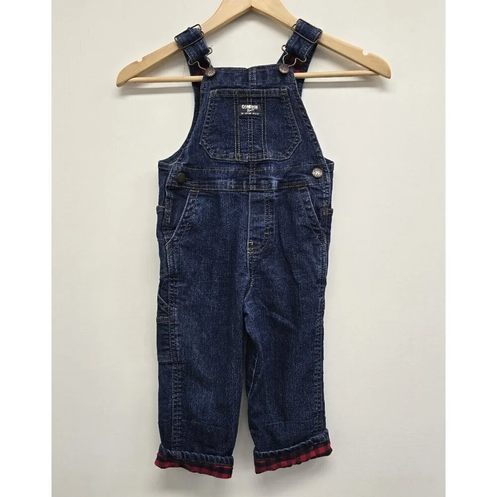 Oshkosh B’Gosh Bib Overalls Size 3T Plaid Cuffs Adjustable Straps Blue Denim